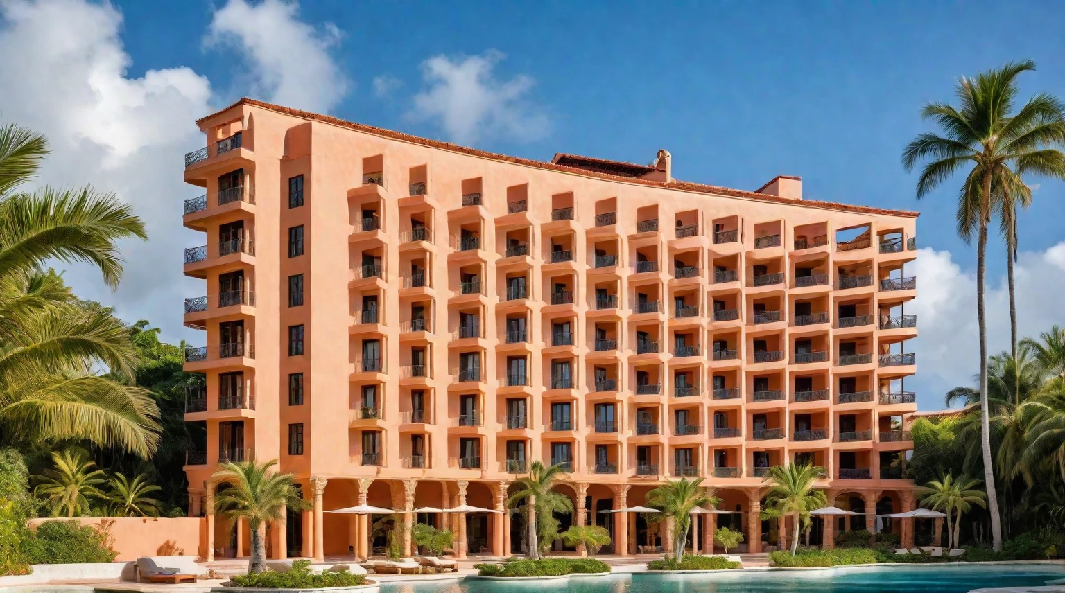 Tall Spanish-style hotel, luxurious tropical resort gardens, elegant architecture, terracotta roofs, ornate balconies, palm trees, lush greenery, high-end ambiance, detailed landscaping, tranquil water features, upscale outdoor lounges