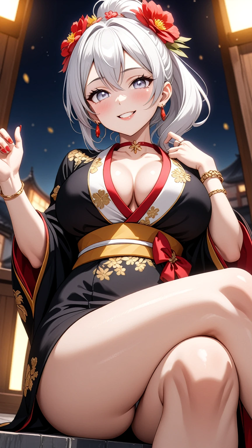 ((One personの女性)), Beautiful Face, (Laughing embarrassedly), (naughty face:1.1),((Wink:1.7)), (head tilt:1.3), teeth,Laugh with your mouth wide open,((Bright red cheeks:1.4)), ((thigh focus)), Glossy red lips, ((crossed legs:1.4)), ((panty shot)), (Shining Face), Touching hair with hands,looking at viewer, Rooftop terrace, firework,Lighting on the face, ((Anime style background)),masterpiece, Highest quality, so beautiful,up to date, Complex details, (Pink long nails),(ring),(bracelet),(Floral choker),AI-generated, Complex,High resolution, Highest quality, super high quality,3D Images、3D Images,One person,Long white hair,High Ponytail, Anime woman posing for a photo,(blue eyes), ((Fine grain、Silvery white eyes、Shining Eyes:1.3)), (Squint your eyes:1.1),a hyperRealistic , hyperRealistic , Realistic,Anime woman with long white hair, Smooth anime CG art, A woman in a colorful kimono with gold embroidery, (Black long sleeve kimono),Red floral pattern,Long flower hair ornament,Earrings,Mature Body,(Big Breasts:1.1),Tall,Abdominal muscles,Tight waist, (Zoom up to face:1.1), ((from side and slightly from below)),