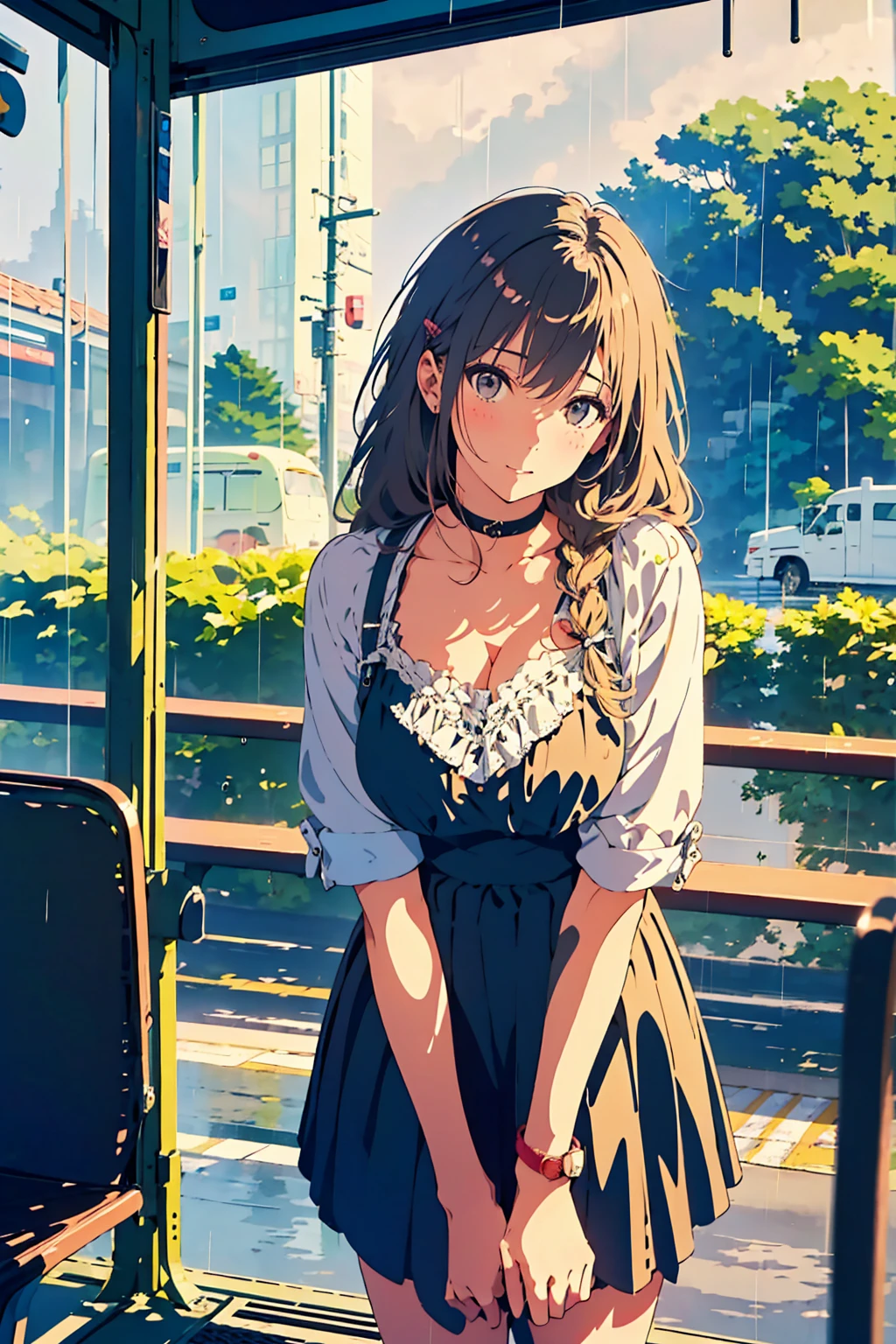 girl in summer clothes, casual dress, making as if she wants to kiss you, (cute girl bending down looking at camera), medium breasts, cleavage, random hair color, random background, flirtatious look, ((very detailed)), (perfectly detailed face), cute face,  (well detailed hand),  photorealistic image, bus stop, bench,countryside, ((rain, bus stopでrain宿り)), レトロなbus stop,