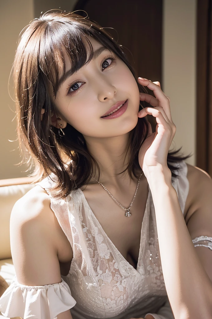 (8K, 最high quality, masterpiece:1,2), (Realistic, Photorealistic:1.37), Super detailed, One Girl,), (Very detailed), (Beautiful and detailed eyes), (最high quality), (Very detailed ), (masterpiece), (Detailed face),20-year-old, ,1 Girl, Pink Hair,Very short hair, Medium chest, Dressed, Perfect lighting, Focus on pussy and breasts, View your viewers, (high quality:1.2) A woman with a beautiful smile wearing lights, Elegant frilled dress. The focus should be on the upper body, Capture detailed features of hair and clothing. She is holding the hem of her dress with one hand, The other hand is extended gracefully、A balanced pose. Adorned with necklaces, Earrings, bracelet, Subtle sparkle highlights intricate details. Natural light illuminates her, emitting a soft glow, Set against a light background with a garden motif, Contains pink and cream flowers.