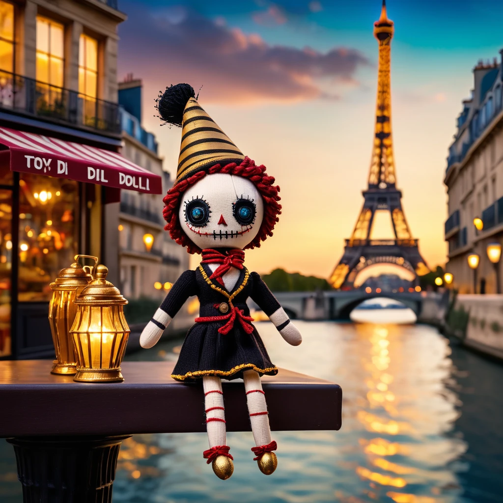 (knitted toy voodoo doll:1.7), (Voodoo Doll:1.3), (Clothing: chic Parisian outfit with striped patterns:1.0), (Accessories: enchanted beret emitting soft golden light, levitating miniature Eiffel Tower:1.1), (background: iconic Eiffel Tower with floating lights, glowing cafes, and sparkling Seine River:1.2), best quality, masterpiece, detailed soft oil painting, detailed background, dramatic cinematic lighting, soft edge lighting, professional, dramatic lighting, hard edge lighting, ultra quality, 4k, masterpiece, best quality, 8k, ultra high definition, high resolution, extremely detailed