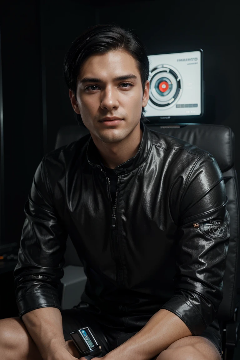 masterpiece, Best quality, ultra detailed, realistic, Detailed Face, Detailed and realistic skin, perfect shiny skin, One male, young man, 25 years old, (short Gradient black Hair), cinematic lighting, half body, sitting on gaming chair, front face, half body
