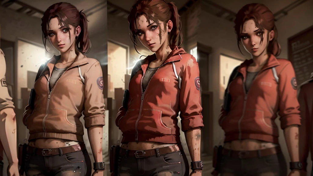 zoey from left 4 dead, in school, red jacket, jeans short, school dirt of bloodUltra HD, 8K, Ultra Realistic, HDR+