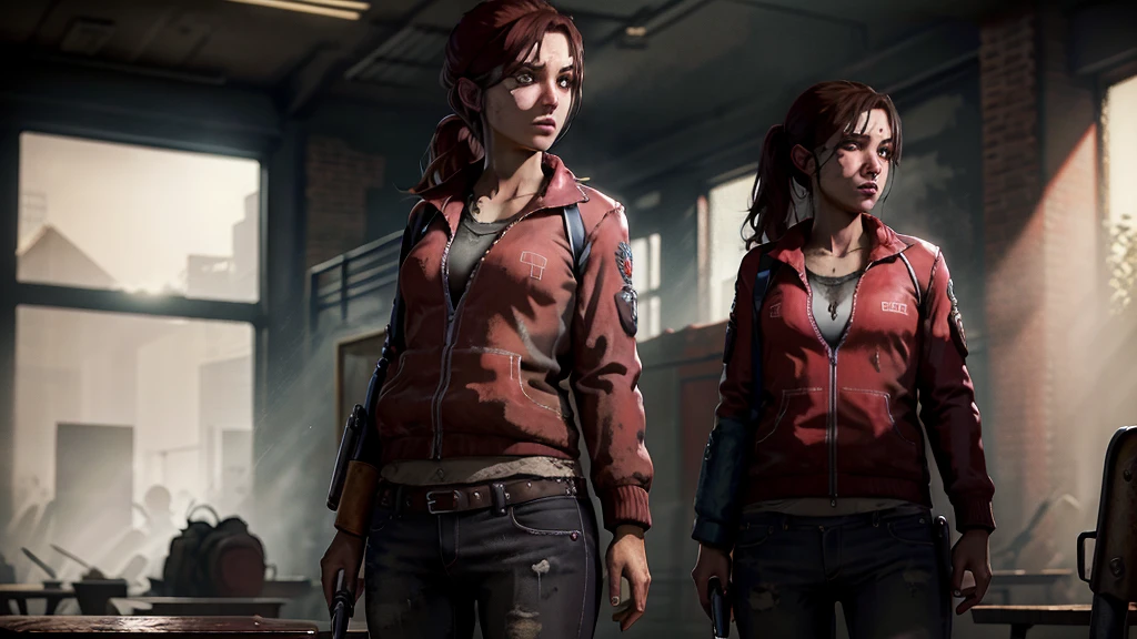 zoey from left 4 dead, in school, red jacket, jeans short, school dirt of bloodUltra HD, 8K, Ultra Realistic, HDR+