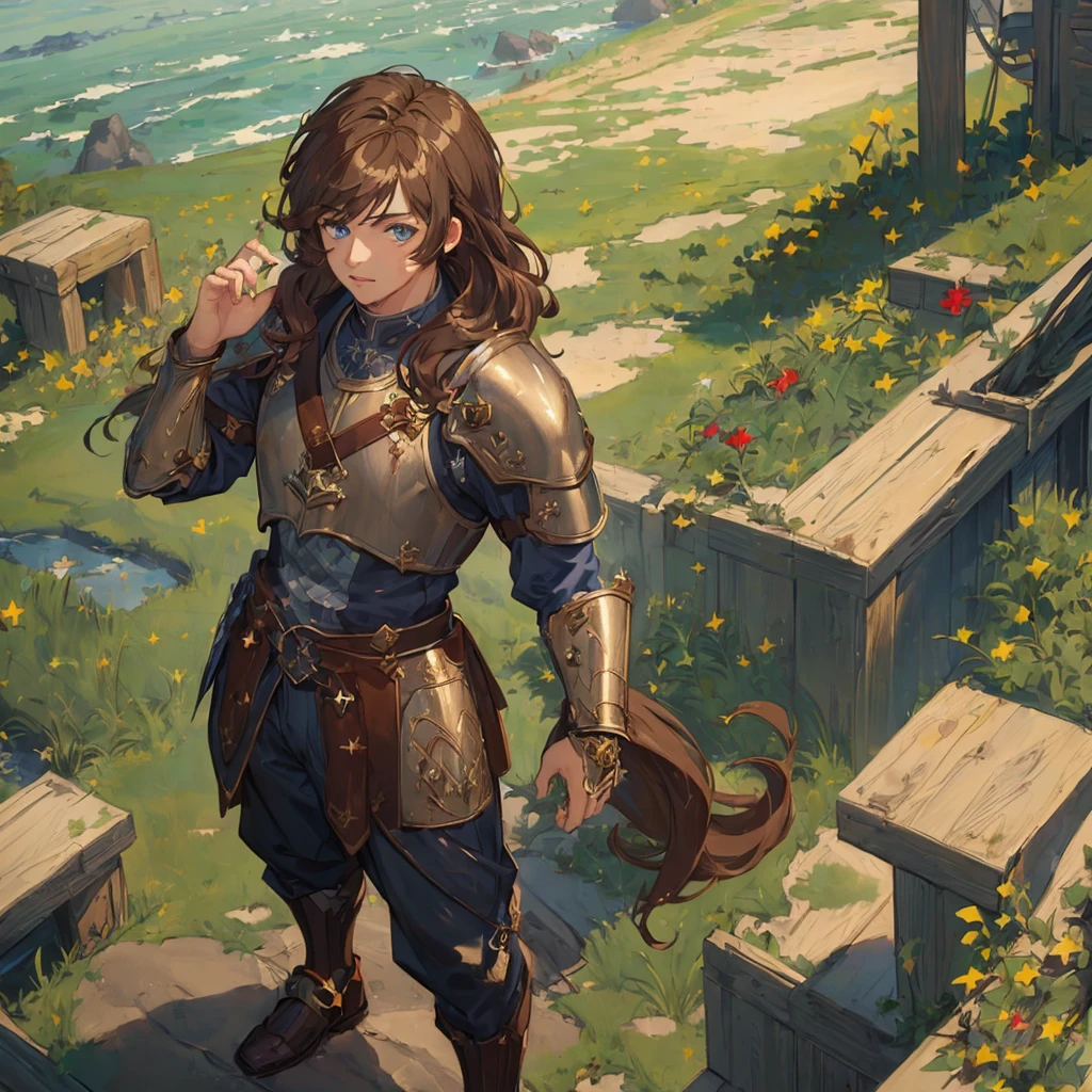 (solo), (masterpiece:2), (high quality), (high detail), (anime:1.25), (boy, male), cute, fantasy, medieval, (brown hair, wavy, thick), (blue eyes ), (wearing semi-steel armor), (full height, standing)