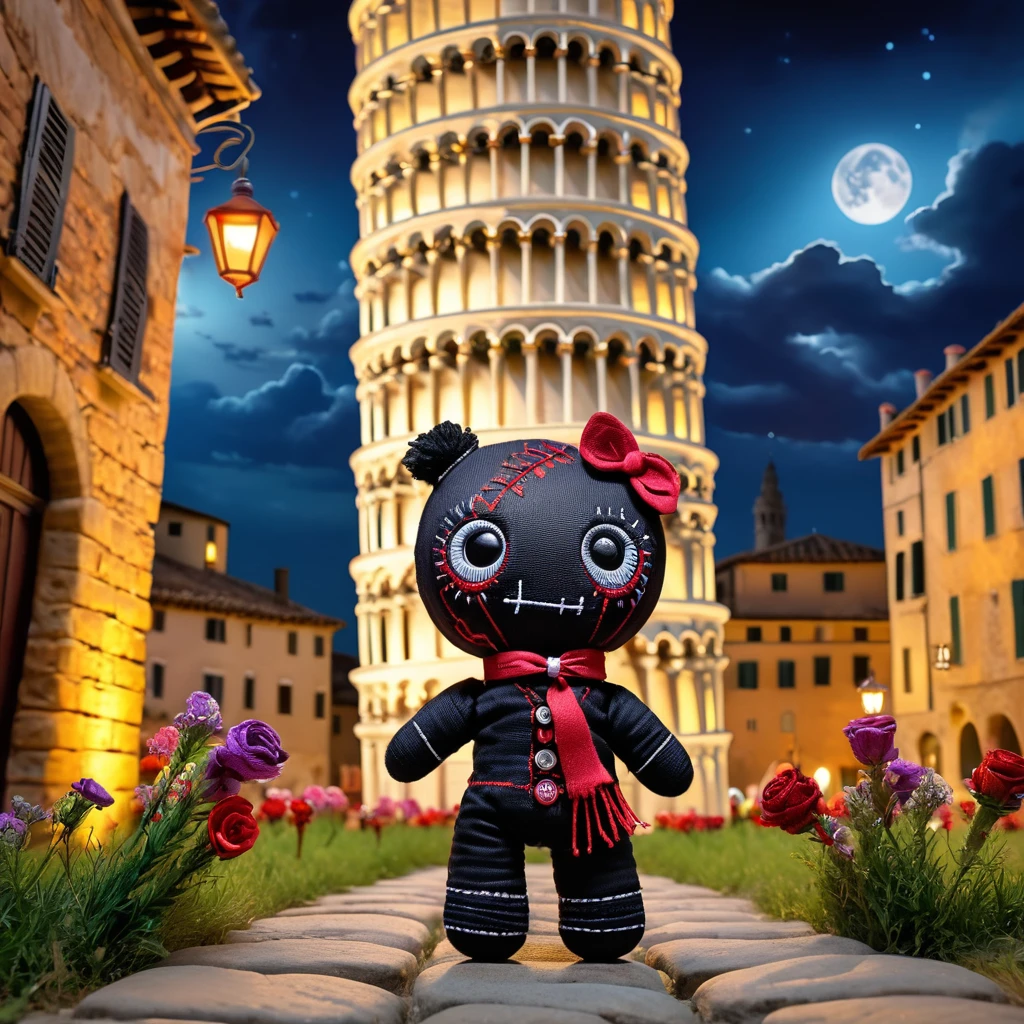 (knitted toy voodoo doll:1.7), (Voodoo Doll:1.3), (Clothing: casual Italian attire with leaning tower patterns:1.0), (Accessories: enchanted camera emitting warm light, levitating guidebooks:1.1), (background: leaning Tower of Pisa with floating flowers, glowing surrounding buildings, and sparkling cobblestone streets:1.2), best quality, masterpiece, detailed soft oil painting, detailed background, dramatic cinematic lighting, soft edge lighting, professional, dramatic lighting, hard edge lighting, ultra quality, 4k, masterpiece, best quality, 8k, ultra high definition, high resolution, extremely detailed