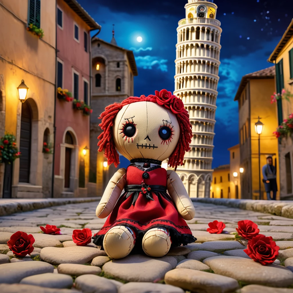 (knitted toy voodoo doll:1.7), (Voodoo Doll:1.3), (Clothing: casual Italian attire with leaning tower patterns:1.0), (Accessories: enchanted camera emitting warm light, levitating guidebooks:1.1), (background: leaning Tower of Pisa with floating flowers, glowing surrounding buildings, and sparkling cobblestone streets:1.2), best quality, masterpiece, detailed soft oil painting, detailed background, dramatic cinematic lighting, soft edge lighting, professional, dramatic lighting, hard edge lighting, ultra quality, 4k, masterpiece, best quality, 8k, ultra high definition, high resolution, extremely detailed