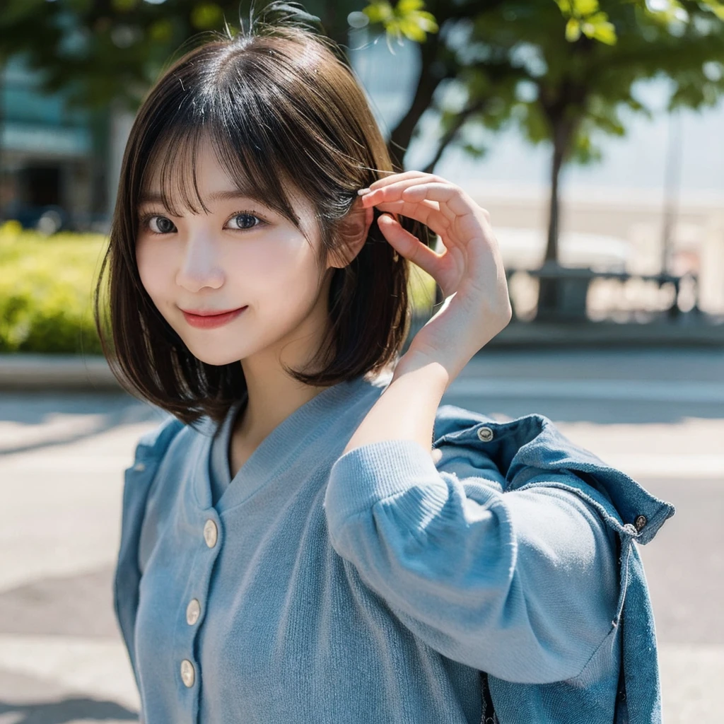 Beautiful 19 year old, intelligent and sophisticated Japanese girl. Hair in a bob, smile that exudes kindness and young power, one piece summer 2023. Medium-light, high speed shutter combined with modern photographic narrative action, ample lighting, clear focus, high quality, artistic, unique, award-winning photo, taken with Canon EOS