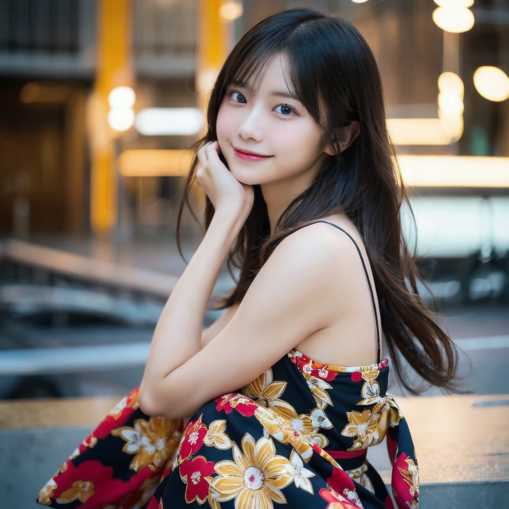 Beautiful 19 year old, intelligent and sophisticated Japanese girl. Hair in a bob, smile that exudes kindness and young power, one piece summer 2023. Medium-light, high speed shutter combined with modern photographic narrative action, ample lighting, clear focus, high quality, artistic, unique, award-winning photo, taken with Canon EOS 
