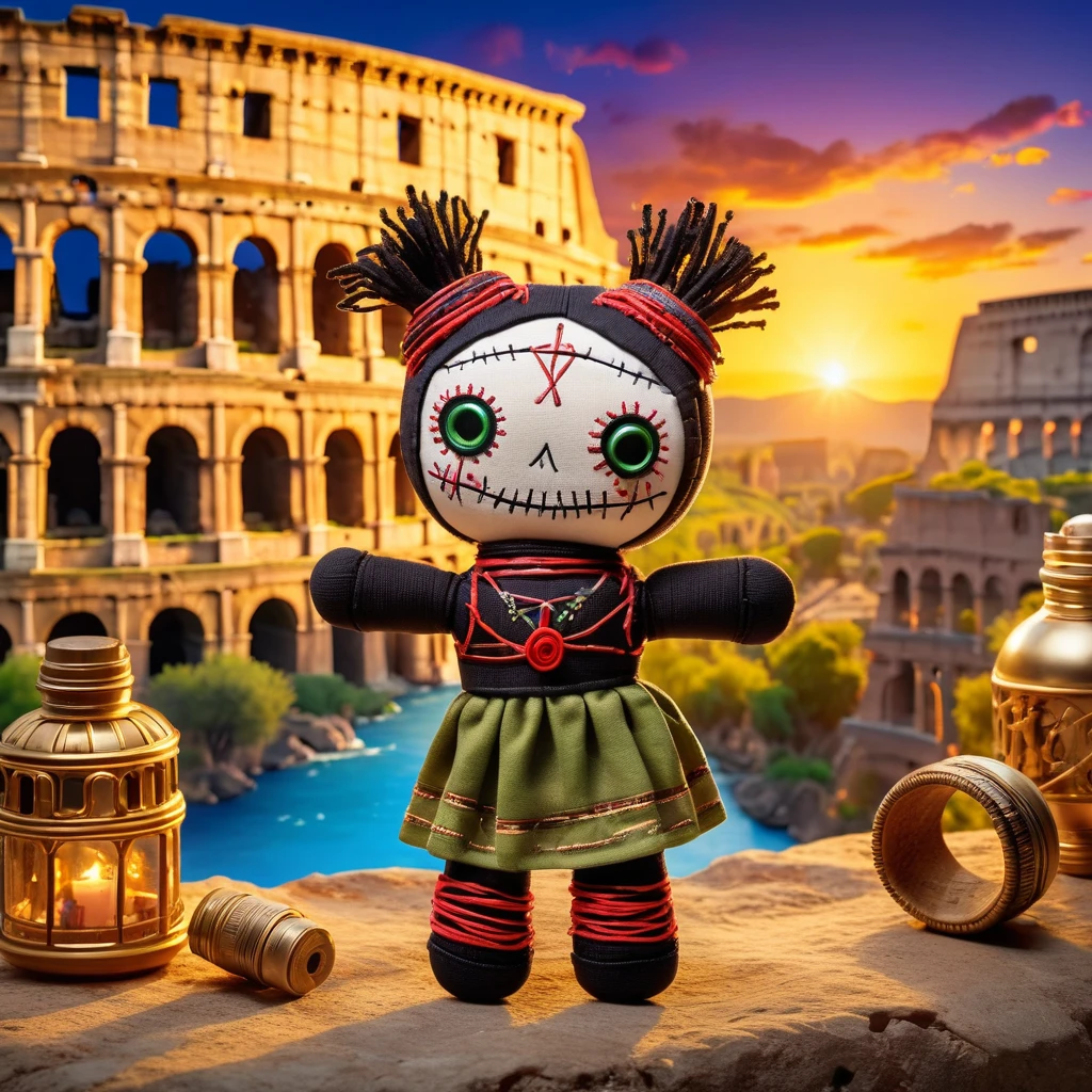 (knitted toy voodoo doll:1.7), (Voodoo Doll:1.3), (Clothing: comfortable tourist attire with Roman patterns:1.0), (Accessories: enchanted map emitting golden light, levitating water bottles:1.1), (background: ancient Colosseum with floating olive branches, glowing ruins, and sparkling sunset:1.2), best quality, masterpiece, detailed soft oil painting, detailed background, dramatic cinematic lighting, soft edge lighting, professional, dramatic lighting, hard edge lighting, ultra quality, 4k, masterpiece, best quality, 8k, ultra high definition, high resolution, extremely detailed