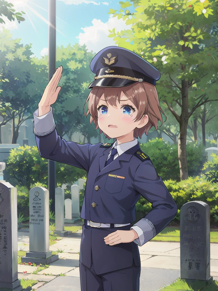 Highest quality,masterpiece,,serious,(Close your mouth),blue eyes,Outdoor,Grave,Graveの前,1つのGraveに向かい合う,Are standing,Lens flare,Flower storm,Brown Hair, short hair, Navy uniform,, (Raise your left hand,45 degree salute,Be careful with your right hand),Navy uniform cap,tears ,from side