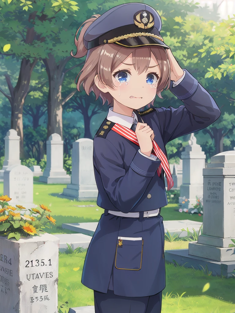 Highest quality,masterpiece,,serious,(Close your mouth),blue eyes,Outdoor,Grave,Graveの前,1つのGraveに向かい合う,Are standing,Lens flare,Flower storm,Brown Hair, short hair, Navy uniform,, (Raise your left hand,45 degree salute,Be careful with your right hand),Navy uniform cap,tears ,from side