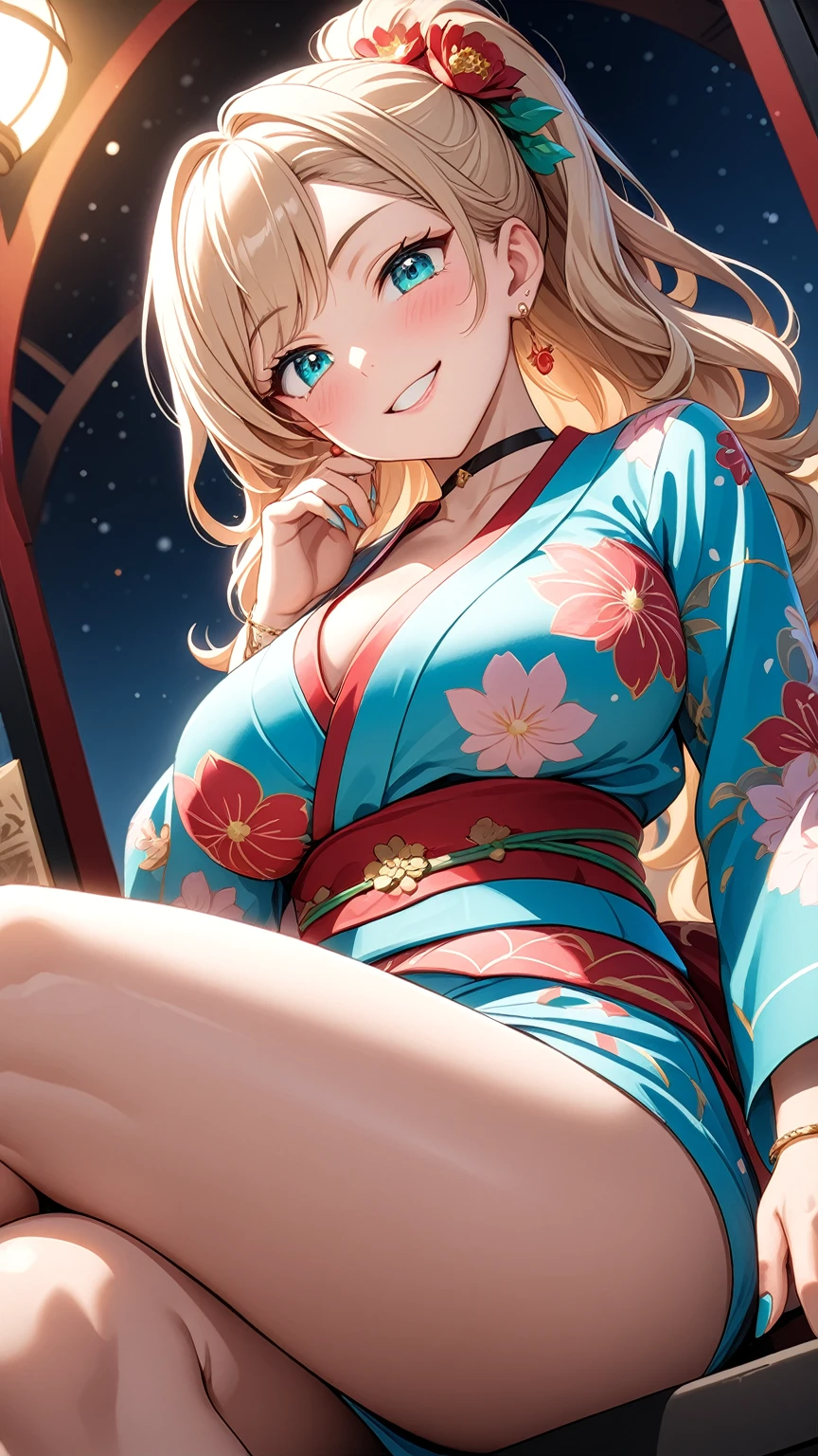 ((One personの女性)), Beautiful Face,(Laughing embarrassedly), (naughty face:1.2), ((Wink:1.9)), (head tilt:1.3), Laughing with your mouth open, upper teeth, ((Bright red cheeks:1.4)),Glossy pink lips, ((crossed legs:1.3)), ((thigh focus)), (showing panties:1.3)), looking down at viewer,Touching hair with hands, Shining Face, night, Observatory, Festival decorations, firework, ((Anime style background)),masterpiece, Highest quality, so beautiful,up to date, Complex details, (Pink long nails),(ring),(bracelet),(choker),AI-generated, Complex,High resolution, Highest quality, super high quality,3D Images、3D Images,One person,Long blonde hair,ponytail, wavy hair ,Anime woman posing for a photo, ((Fine grain、Turquoise Eyes、Shining Eyes:1.3)), (Squint your eyes:1.1),a hyperRealistic , hyperRealistic , Realistic,Anime woman with long white hair, Smooth anime CG art, A woman in a colorful kimono with gold embroidery, (Pink long sleeve kimono),Red floral pattern,Long flower hair ornament,Earrings,Mature Body,(Big Breasts:1.1),Tall,Abdominal muscles,Tight waist,(Zoom up to face:1.1), ((from the side and slightly from below)),
