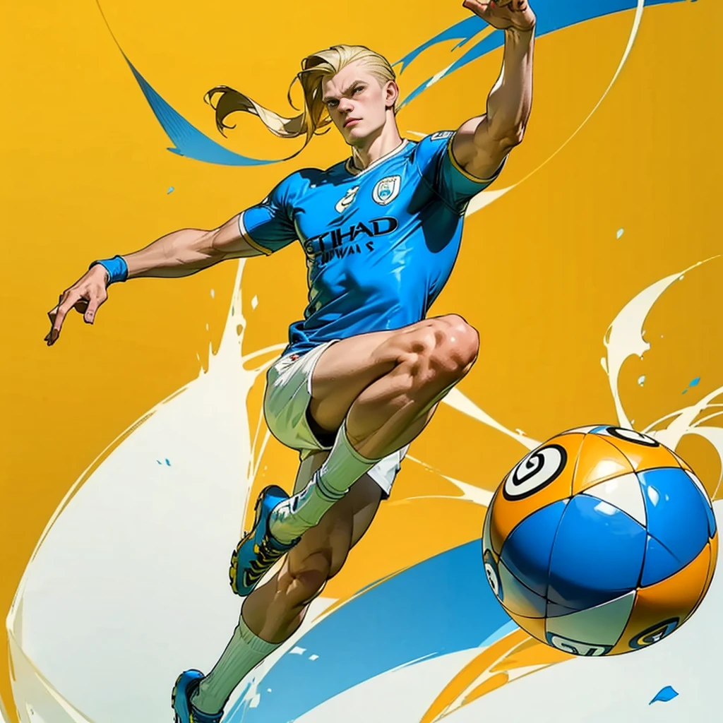 Random evolution, (1man), (full body version), tall man, muscle, Masculine, (his face scowls), albino skins, sport, football player, 1ball, (Blonde colored hair, Long Straight hairstyle, narrow eyes, hazel eyes), Manchester City blue t-shirt, White shorts, white socks, Grassroots, There's a ball, ((his pose is bicycle kick)), (((his foot right are on fire))), (((His right leg was burned))), (full background, football stadium background)