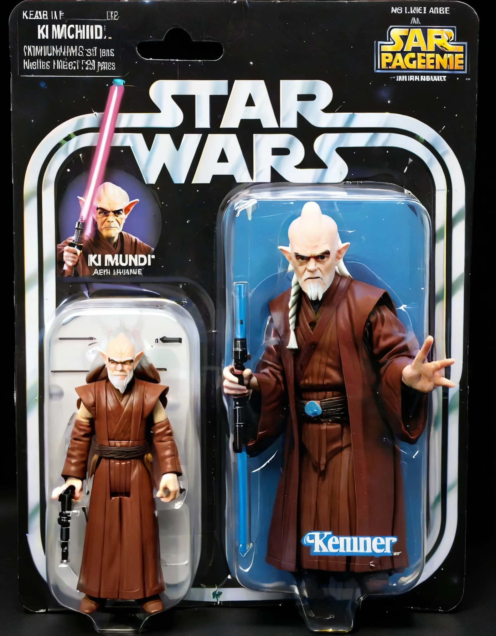 A lifelike figurine resembling the well-known Jedi master of star wars, Ki-Adi-Mundi, stands prominently displayed. The figurine captures his iconic exaggerated features with striking realism, including his metalic full body machine and lightsaber Alongside it, the packaging showcases a cartoon illustration of jedi master, adding a playful contrast to the realism of the figure. The monotone yet menacing packaging is a juxtaposition to the character. The name ('Ki-Adi-Mundi':1.5) is printed in bold, eye-catching letters on the packaging, highlighting his renowned identity,