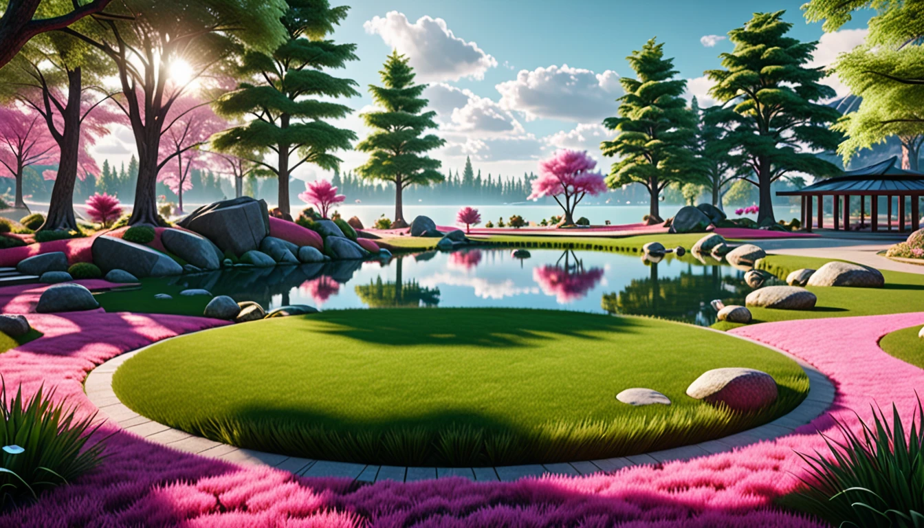 A modern park,There is a circle of rocks around,There is green grass on it,And pink fantasy grass,There is a clear lake in the center,Modern style building,Surrounded by fantasy-style trees and plants。Realistic style,masterpiece, best quality, (Extremely detailed CG unity 8k wallpaper), (best quality), (The best shadow), Realistic lighting, (abyss), Beautiful and delicate light