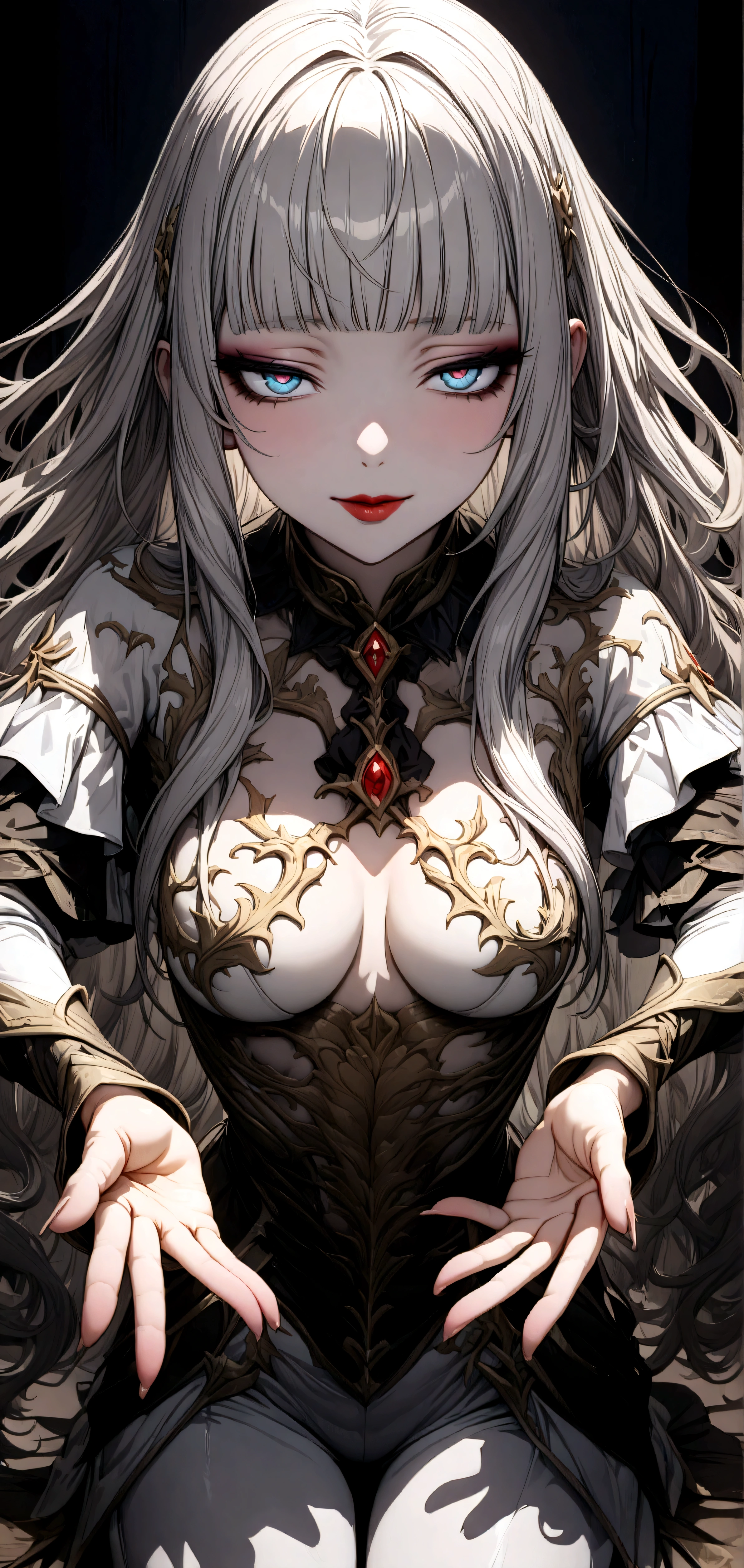 (Absolute resolution, absurd, dynamic lighting, high resolution, masterpiece, best quality), black background, ((Moonlight)),, 1 girl, silver hair, shiny hair, very long hair, blunt bangs, very red lips, looking at the viewer, symbolic pupils, (((half-closed eyes))), (fake smile), (ribs on chest), very red eyes, narrow pupils, gothic makeup,, light beige skin, (Fallen angel)))), ((((Haniel)))) light-skinned hair, long hair, neatly trimmed bangs, ((long bottom)), ((long eyelashes)), eyeshadow, (((gray eyes))), light-skinned brown lips, (smiles emotionless), behaves in a captivating manner,
(white beautiful gothic outfit: 1.28),
Lady,,
(beautiful background: 1.18),
high resolution, art, work, best quality,
resolution, Unity 8k wallpaper, (figure:0.8), (detailed and beautiful eyes:1.6), highly detailed face, perfect lighting, highly detailed CG, (perfect hands, perfect anatomy)