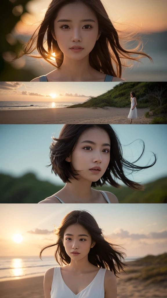 Full Body Shot、（（（One girl）））、Tropical sandy beach、(masterpiece、8K、RAW Photos、wonderful、最high quality、Very detailedな CG 統合 8K 壁紙、high quality、Very detailed、narrative poem、Depth of written boundary、Cinematic Light、Lens flare)、Black-haired、Beautiful Face、True Face、Beautiful details、eye、Beautiful Skin)、髪がWindで踊る、Hair flutters in Wind、Hair bounces、wonderful景色、Morning Glow、Sun in the background、Wind、