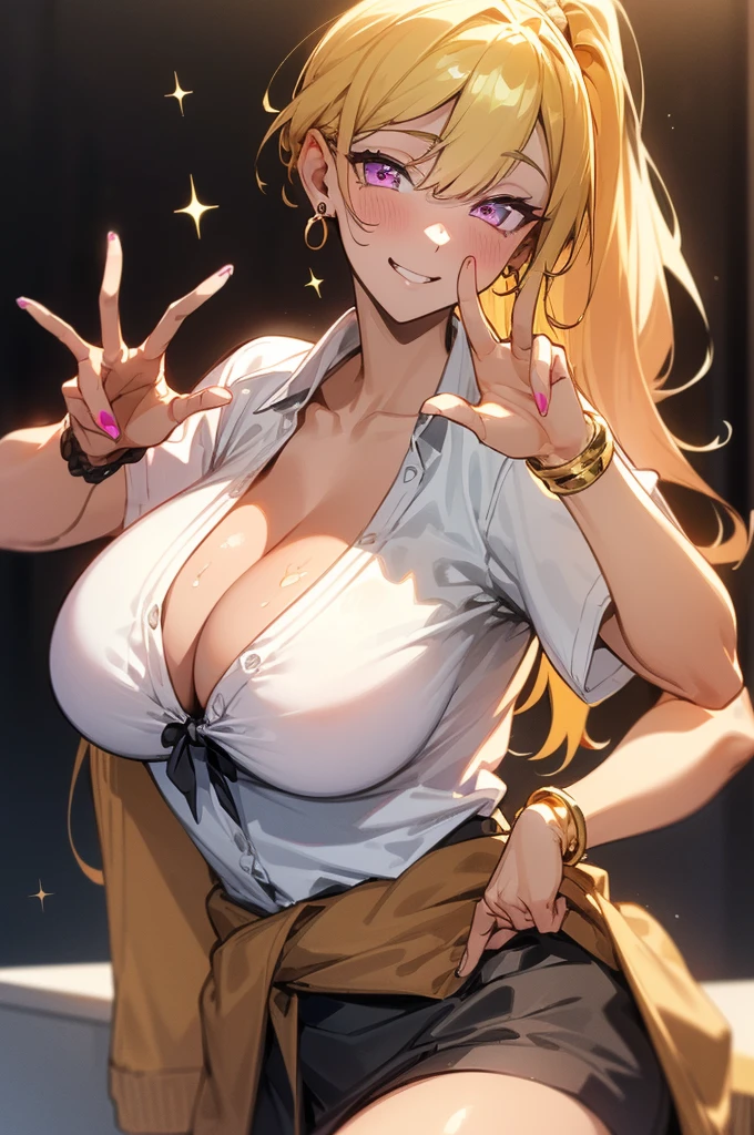 {masterpiece, distinct_image, extremely detailed CG, beautiful eyes and detailed face,realistic, photo realistic, 4k, 8k, high_resolution,perfect_finger, (beautiful_detailed_eyes:1.3), glitter, white_light, (glow_white_face, front_light:1.3), summer_light{1girl, face_focus,cowboy_shot, looking for_in_viewer, standing, (piece sign pose:1.6) },{adult, curvy, (huge_breasts, wide_hip:1.3), navel, skinny_stomach,tight_gap, groin, (yellow_hair, pink_eyes, long_back_hair, long left side hair, right_side_ponytail, slanted_eyes, bangs:1.3), ({The most perfectly hidden yellow_leopard print bra in a white shirt:1.7}, white short sleeve Y-shirt, black_short_skirt, cleavage, pink_nails, gold earrings, black neck choke, white collar, golden bracelet :1.5),(brown Cardigan tied around the waist: 1.6), (tanning_skin, black_skin:1.6), (smiling face:1.3), sweat, white background}