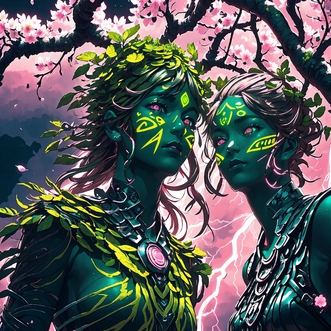 Plant Maiden，metal foil，Wired branch，glowing light eyes，mechanical shell，moss-covered bark，tribal clothing，majestic figure，(ancient tribal marks)，Control the tendrils that extend from the arms，Neon lights dance on the body，(Lightning around branches and leaves)，(peach blossom)，The petals are soft and delicate，vibrant with colors，(A harmonious mix of green and pink)，(ominous dark clouds in the sky)，atmosfera noturna，A futurist，vibrant colors and high-contrast lighting，Shadows and Dramatic Enhancements.(Best quality at best, 4K, 8K, Masterpiece artwork: 1.2), (real, photography realistic, photography realistic: 1.37)