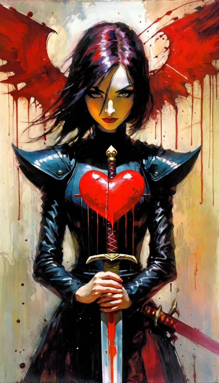 icon with a heart, a sword and blood (art inspired by Bill Sienkiewicz). oil painting)

