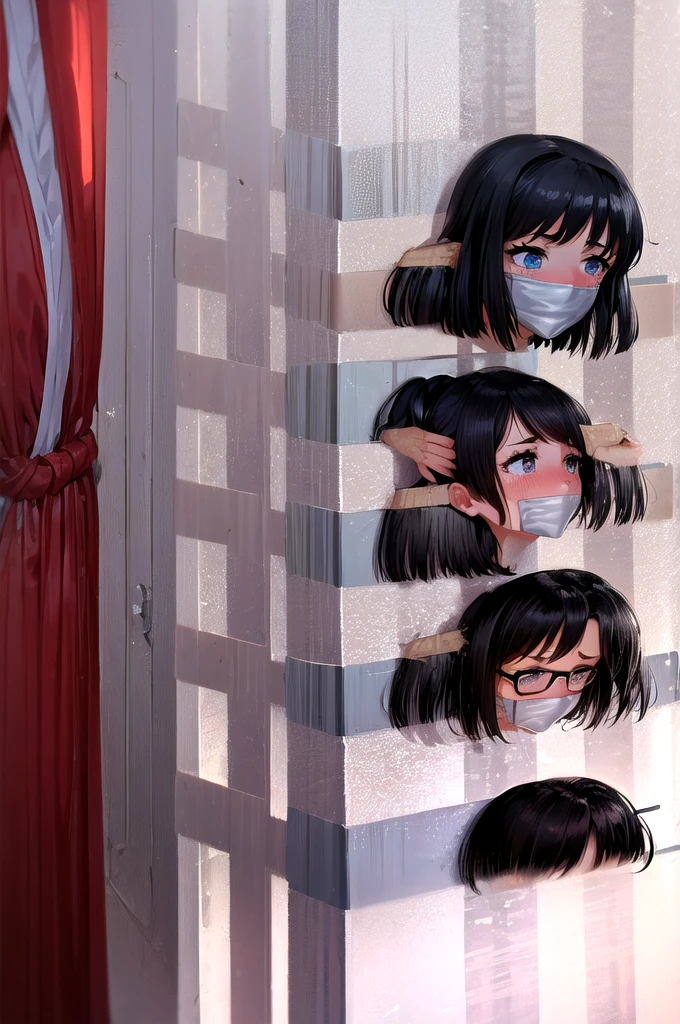 1 girl, short black hair, wearing glasses, improvised gag, tape gag, gagged, duct tape, tape bondage, bound arms, blush, rope tied up, ((((Super Illustration Style:1.0)))), highest quality, Best Anime, masterpiece, wrap gag, white shirt, gray skirt