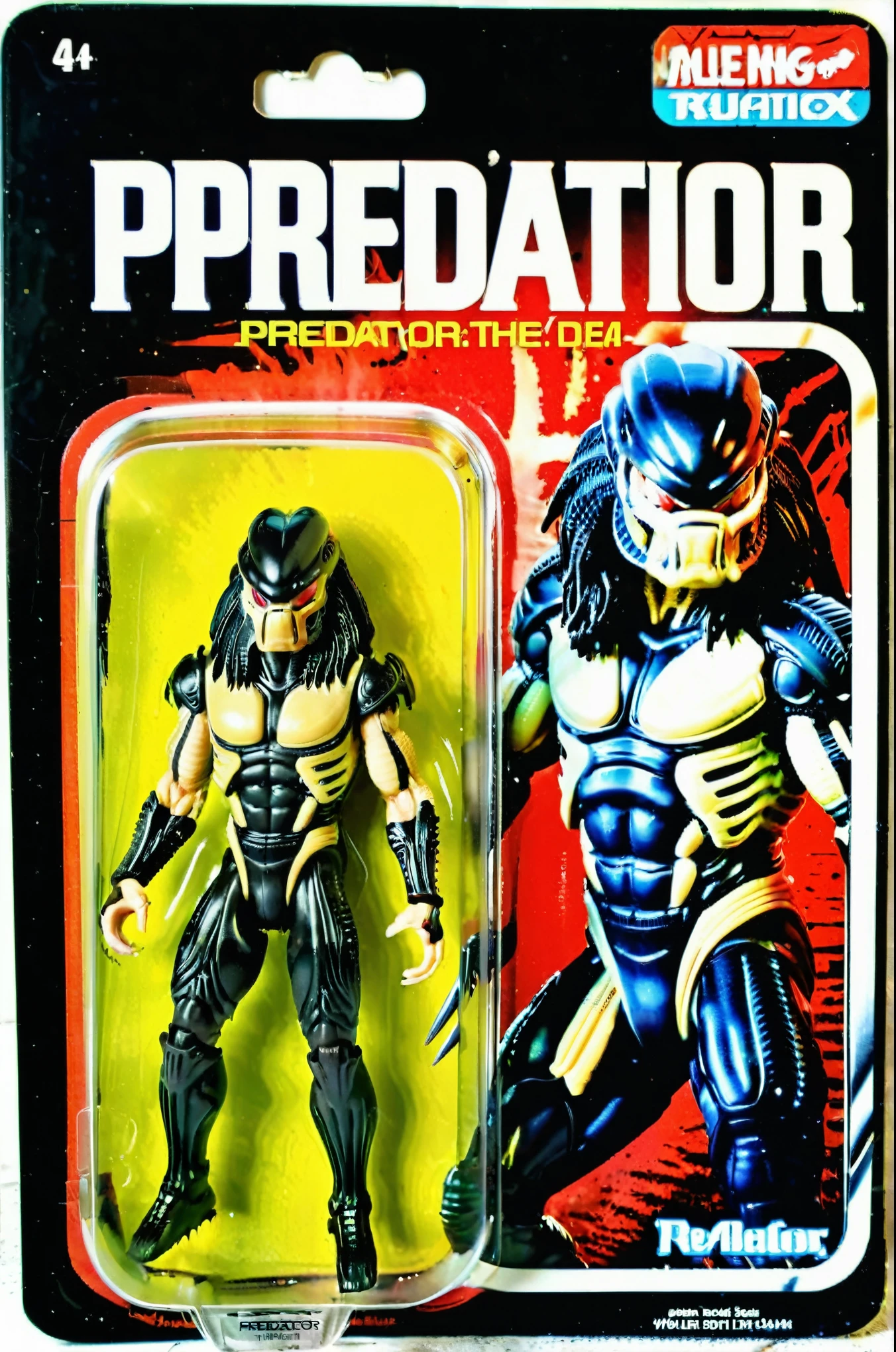 A toy of alien, extraterrestrial species featured in the Predator from the Predator film, wearing black body, (logo text 'Predator':1.5) Mattel,