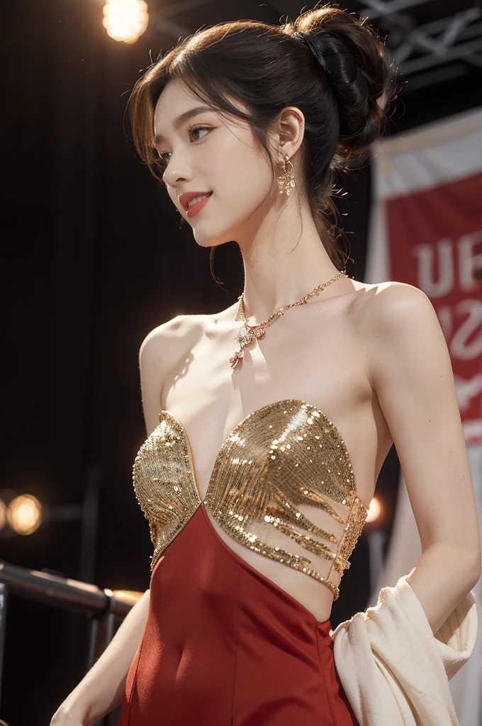(((best quality))),(((ultra detailed))),(((masterpiece))),illustration, 1girl,singer,solo,short ponytail,open mouth,laughing,slim,thin,flat chest,small breasts,earrings,necklace,strapless gorgeous sparkled red bra,on the stage, performance, passion, confidence, elegance, lighting effects, decorations, audience, melodious voice, beautiful appearance, captivating performance,standing,close-up of face,from front