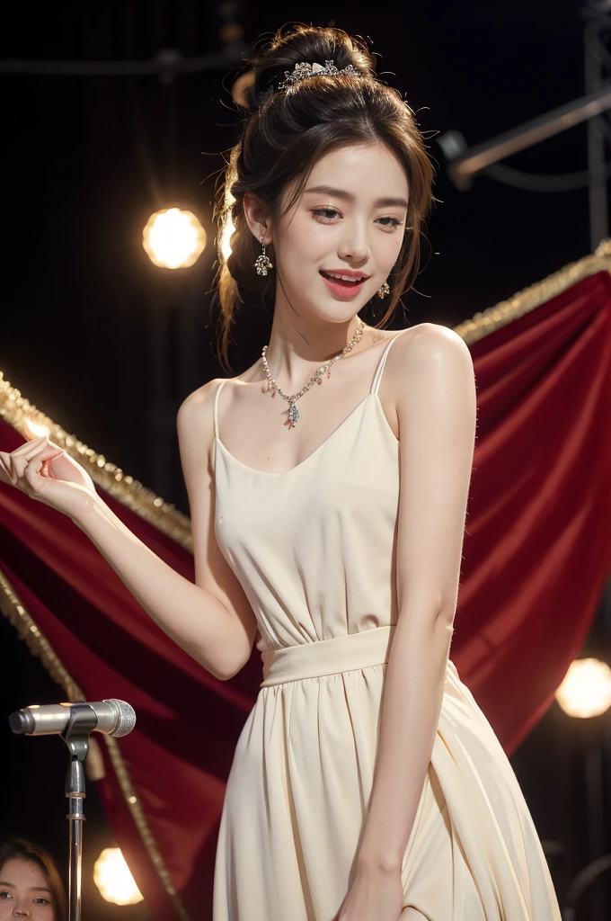 (((best quality))),(((ultra detailed))),(((masterpiece))),illustration, 1girl,singer,solo,short ponytail,open mouth,laughing,slim,thin,flat chest,small breasts,earrings,necklace,Maxi gorgeous sparkled red gown,slender legs,on the stage, performance, passion, confidence, elegance, lighting effects, decorations, audience, melodious voice, beautiful appearance, captivating performance,standing,upper body,from front