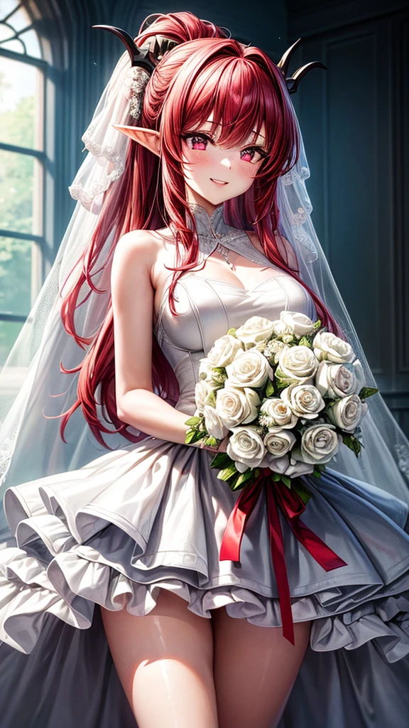 (masterpiece, top quality, best quality, official art, beautiful and aesthetic:1.2), (1girl:1.3), extremely detailed, official artstyle, highest detailed, parted lips,wallpaper, pink eyes, long hair, beautiful red hair, ponytail hairstyle, elf ears, horns, black horns, bangs, (happiness, beautiful smile, happy expression, happy face), ((Wedding dress, chies, Bridal veil, Wedding, Bouquet)),(cowboy shot), holding a flower, cowboy shot