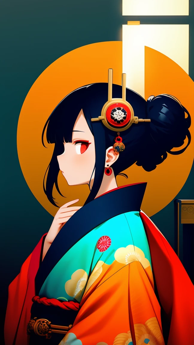 On Inft, One girl, alone, Black Hair, jewelry, Earrings, mask, Red eyes, kimono, Letterbox, kimono, profile, mask on head, Floral print,Spammer mask, hair ornaments  