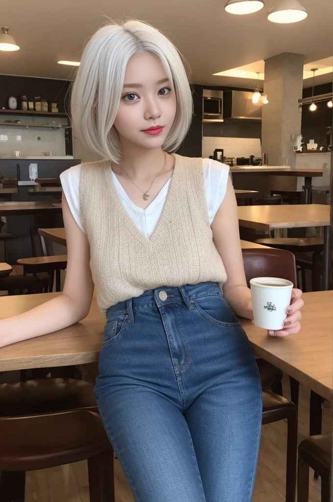 Ultra-realistic 8K CG, Picture-perfect face, "19An old woman、Blonde shorthair、Wearing casual clothes and relaxing in everyday life。She wears comfortable black leggings and a simple black top、I'm wearing white sneakers。Enjoy coffee at your favorite cafe、Having a calm and relaxing time。Her expression is filled with the joy of everyday life.、A warm atmosphere spreads around you。Through this scene、Please describe a relaxing moment in the daily life of a 23-year-old woman.。