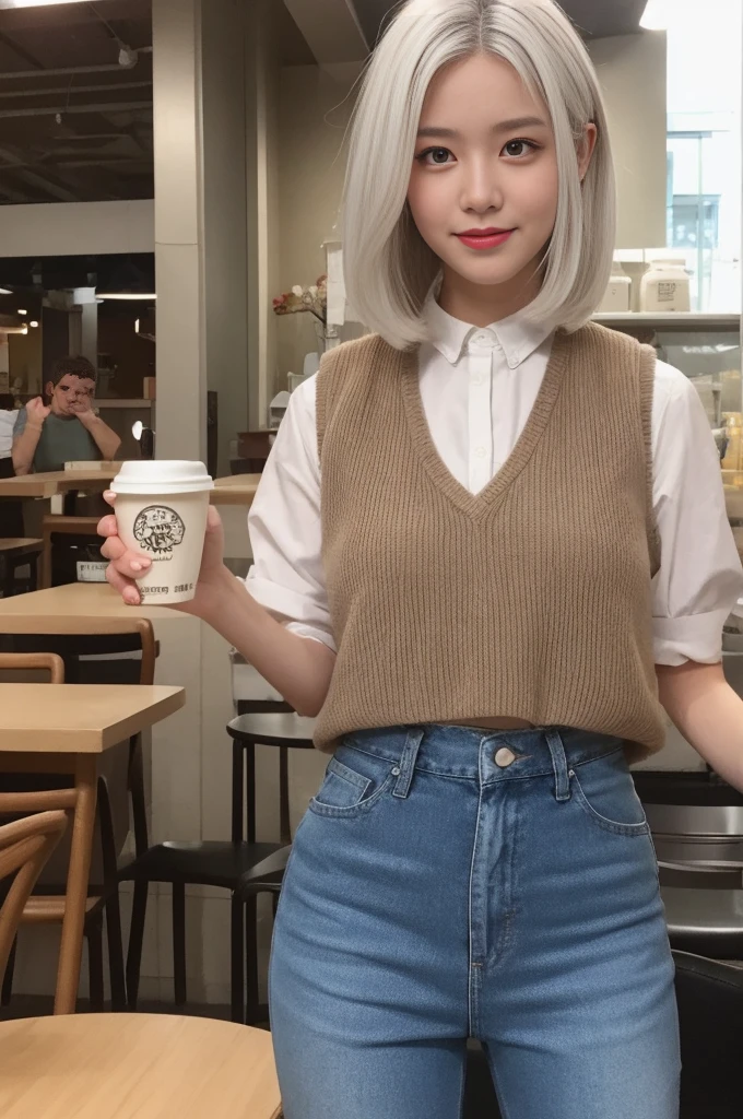 (Realistically, high resolution:1.3), 1 girl with a perfect figure, The face shape and eyes are super beautiful,White hair, Random color vest:1.2, Short jeans pants, In the cafe, Coffee on the table, Huge ,