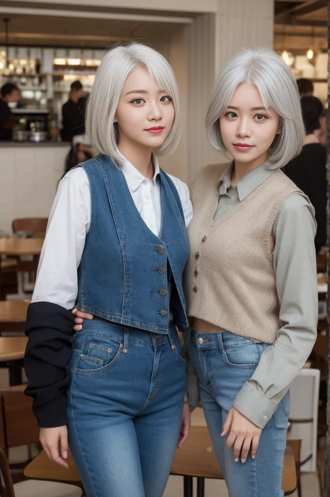 (Realistically, high resolution:1.3), 1 girl with a perfect figure, The face shape and eyes are super beautiful,White hair, Random color vest:1.2, Short jeans pants, In the cafe, Coffee on the table, Huge ,