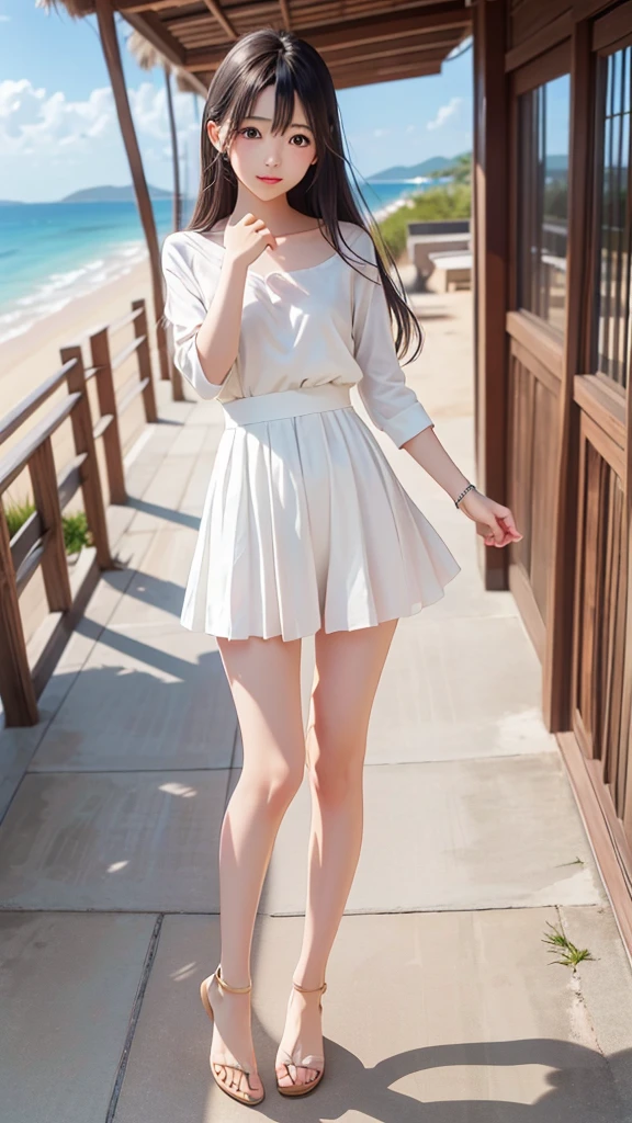 Full Body Shot、Tropical sandy beach、(masterpiece、8K、RAW Photos、wonderful、最high quality、Very detailedな CG 統合 8K 壁紙、high quality、Very detailed、narrative poem、Depth of written boundary、Cinematic Light、Lens flare)、Black-haired、Beautiful Face、True Face、Beautiful details、eye、Beautiful Skin)、髪がWindで踊る、Hair flutters in Wind、Hair bounces、wonderful景色、Morning Glow、Sun in the background、Wind、