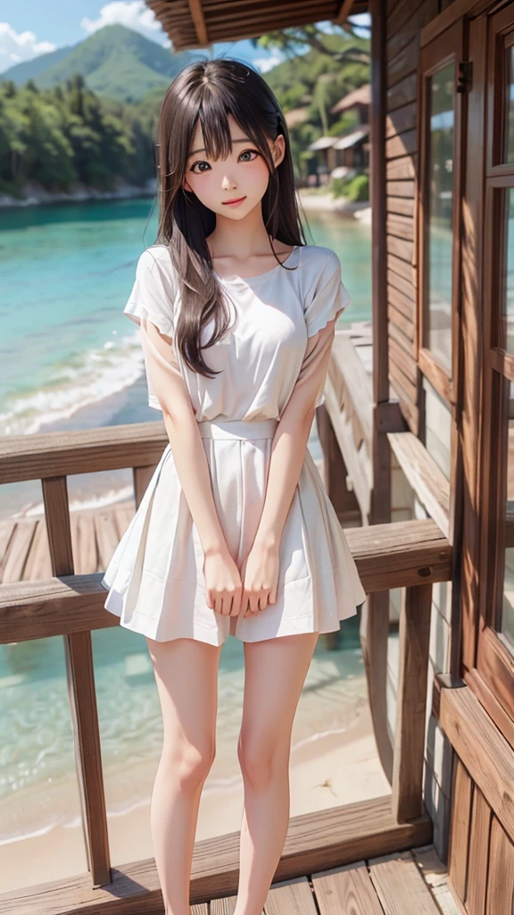 Full Body Shot、Tropical sandy beach、(masterpiece、8K、RAW Photos、wonderful、最high quality、Very detailedな CG 統合 8K 壁紙、high quality、Very detailed、narrative poem、Depth of written boundary、Cinematic Light、Lens flare)、Black-haired、Beautiful Face、True Face、Beautiful details、eye、Beautiful Skin)、髪がWindで踊る、Hair flutters in Wind、Hair bounces、wonderful景色、Morning Glow、Sun in the background、Wind、