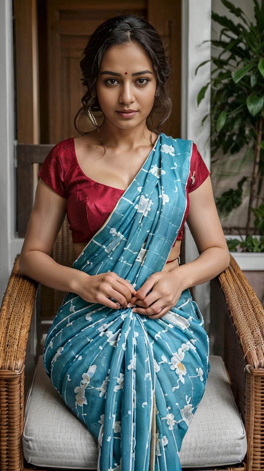 (best quality:2), ((masterpiece)), (detailed), Beautiful woman, thin saree, sexy, sitting on chair,