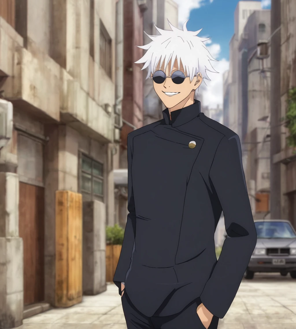 gojou satora, One boy, In the city , Jacket, Upper Body, Male Focus, black Jacket, sunglasses, High collar, Round Glasses, gakuran, smile