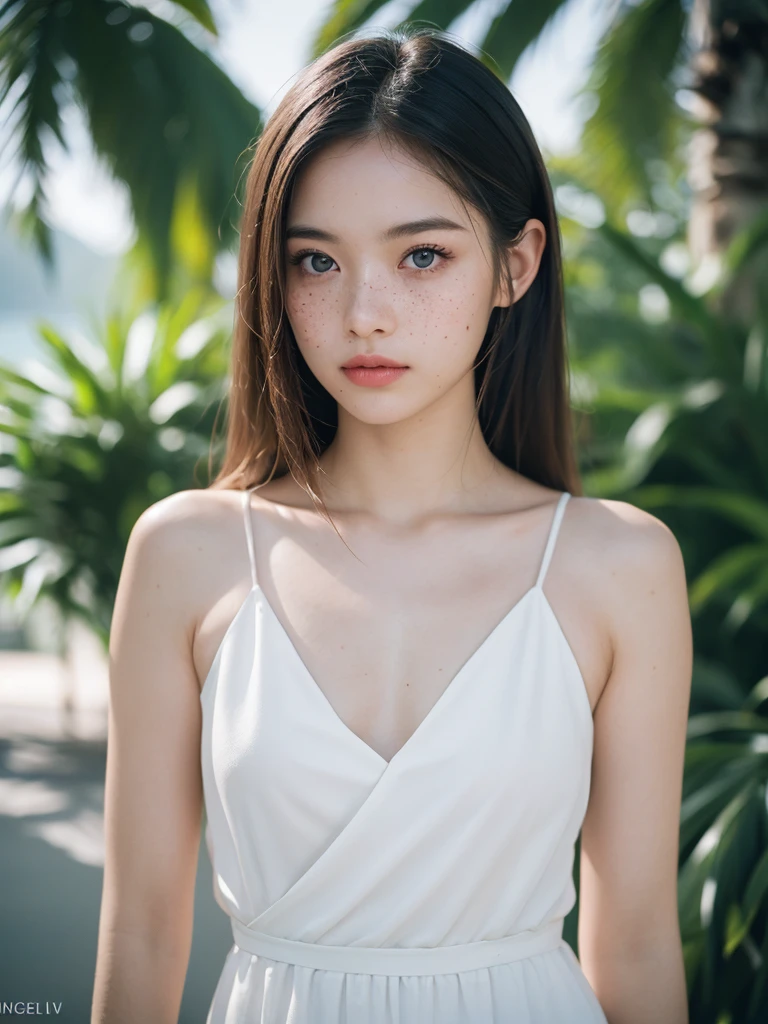 realistic photos of 1 cute Korean star, hair two side up, white skin, thin makeup, 32 inch breasts size, slightly smile, wearing red vertical striped tank top, pants, at countryside village, sunset light, upper body portrait, UHD
