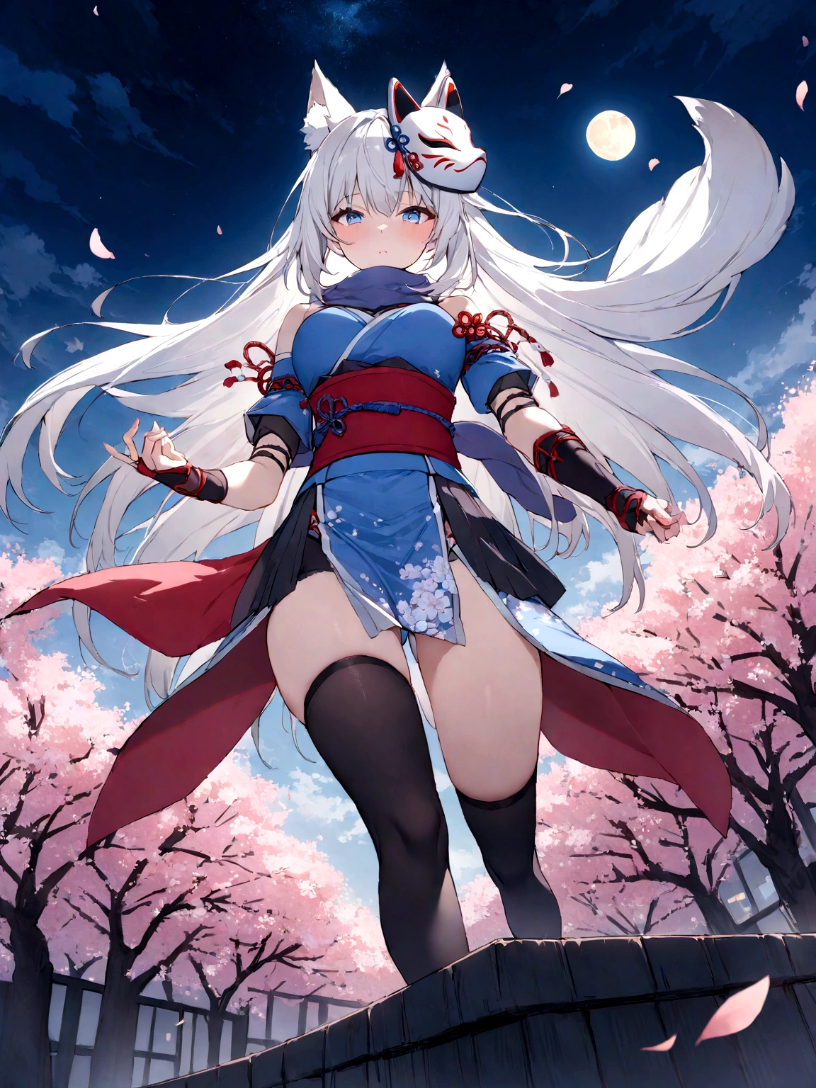 gauntlet、Throwing Shuriken、insert、Asahi、A magnificent view of the city from the treetops、(masterpiece, best quality:1.2), 1girl, 独奏,Wolf girl, fox mask, ninja, girl, long white hair, odd eyes, blue kimono, ninja girl, red and blue scarf,Dancing Cherry Blossoms,Full moon backlighting, light coming in, fantastic atmosphere.night、Shadows of light and darkness、Eyes glowing in the dark、Black fox mask、Fisheye Lens、Expansive starry sky、long hair that spreads、Overlooking the city from atop a large cherry tree、Aside exposure