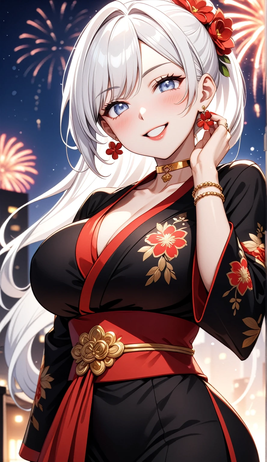 ((One personの女性)), Beautiful Face, (Laughing embarrassedly), (laugh:1.2),((Wink:1.9)), (head tilt:1.3), Laugh with your mouth wide open, upper teeth, looking down at viewer, ((Bright red cheeks:1.4)),Glossy Red Lips,rooftop, firework, Glossy red lips, Shining Face, ((Anime style background)),masterpiece, Highest quality, so beautiful,up to date, Complex details, (Pink long nails),(ring),(bracelet),(Floral choker),AI-generated, Complex,High resolution, Highest quality, super high quality,3D Images、3D Images,One person,Long white hair,High Ponytail, Anime woman posing for a photo,(blue eyes), ((Fine grain、Silvery white, lightly pigmented eyes、Shining Eyes:1.3)), (Squint your eyes:1.1),a hyperRealistic , hyperRealistic , Realistic,Anime woman with long white hair, Smooth anime CG art, A woman in a colorful kimono with gold embroidery, (Black long sleeve kimono),Red floral pattern,Long flower hair ornament,Earrings,Mature Body,(Big Breasts:1.1),Tall,Abdominal muscles,Tight waist,(Zoom up to face:1.4), (front view),