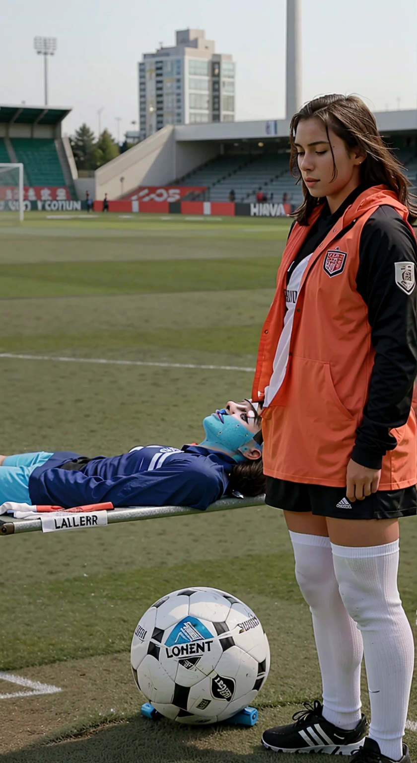 a male soccer player lying injured on a stretcher with his head to the right while being carried to the left by the girl on the photo