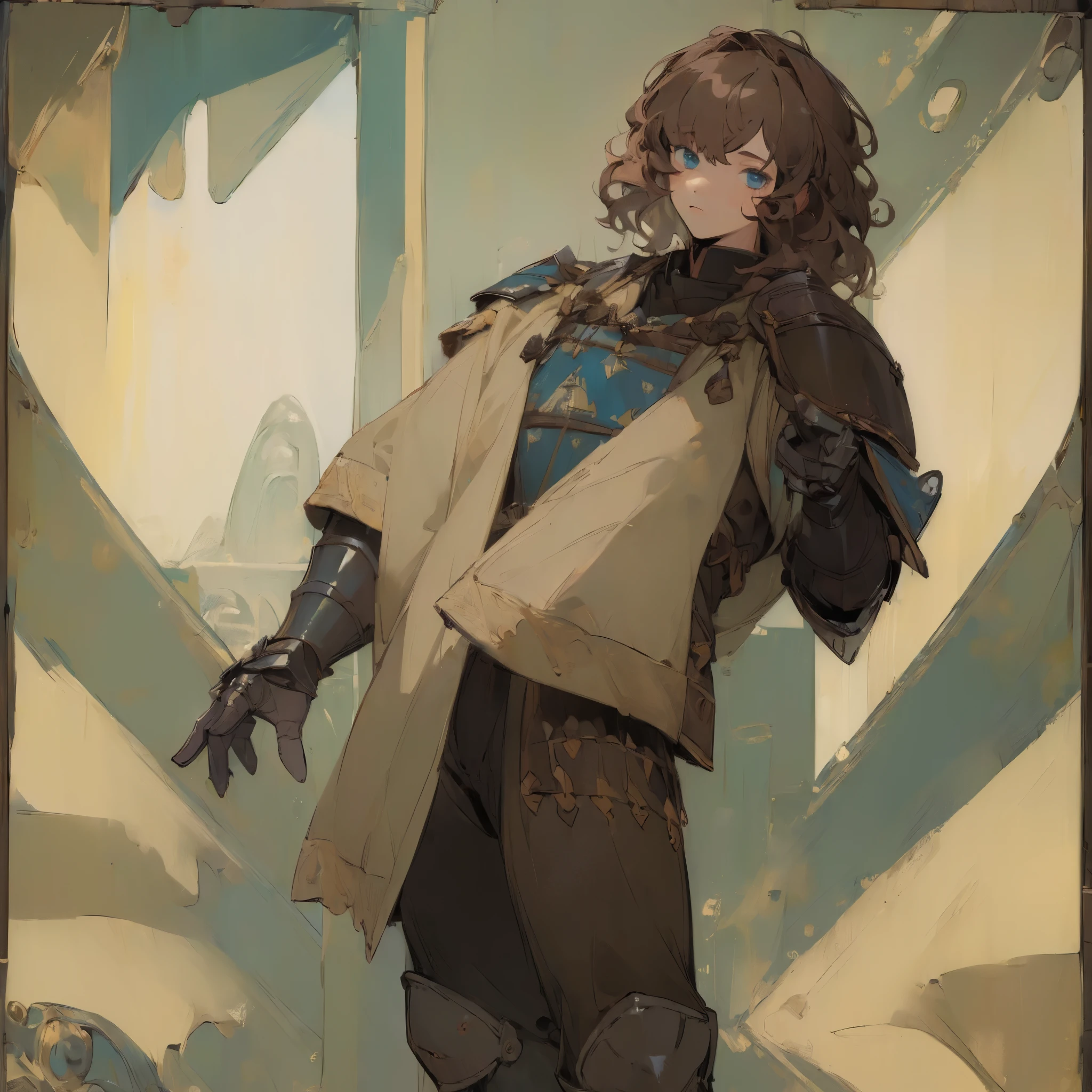 (solo), (masterpiece:2), (high quality), (high detail), (anime:1.25), (boy, male), cute, fantasy, medieval, (brown hair, wavy, thick), (blue eyes ), (wearing semi-steel armor), (full height, standing)