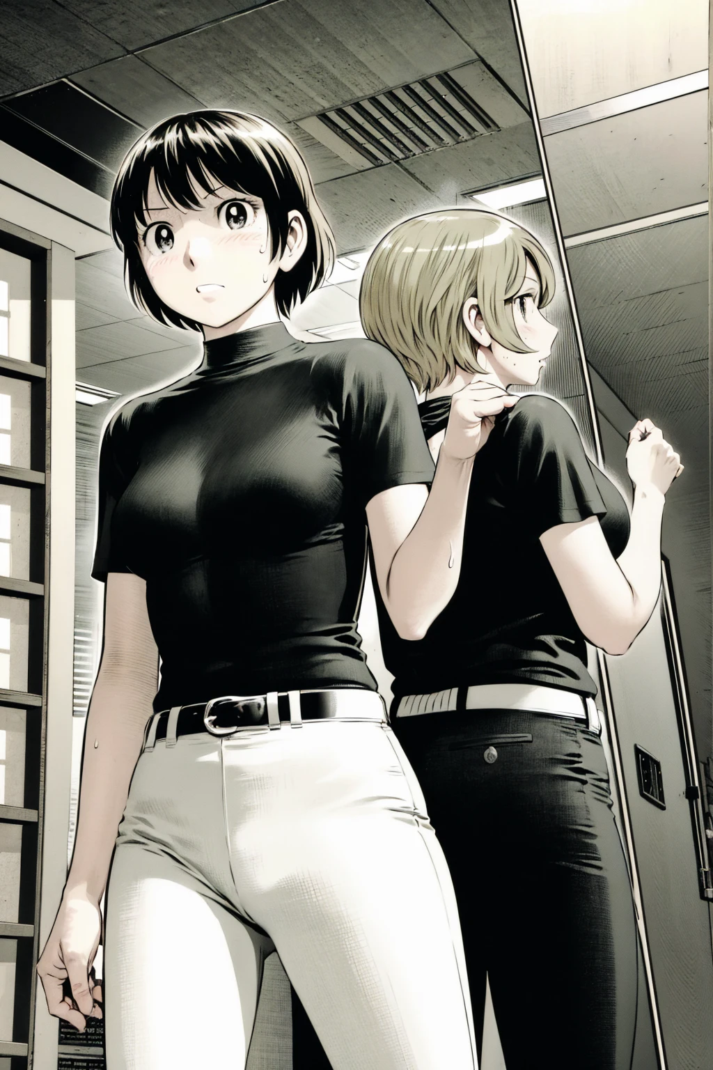 、(masterpiece、Highest quality)、Highest quality, Ultra-high resolution, (((masterpiece))), alone, Sweat、Big eyes,Tight black shirt、Tight white pants、belt、indoor、Composition from the front、(Cut the back hair short、short hair、blonde、woman)、Shortcuts、Embarrassed face、Cut your hair short、可愛いwomanの子、Big Breasts、office