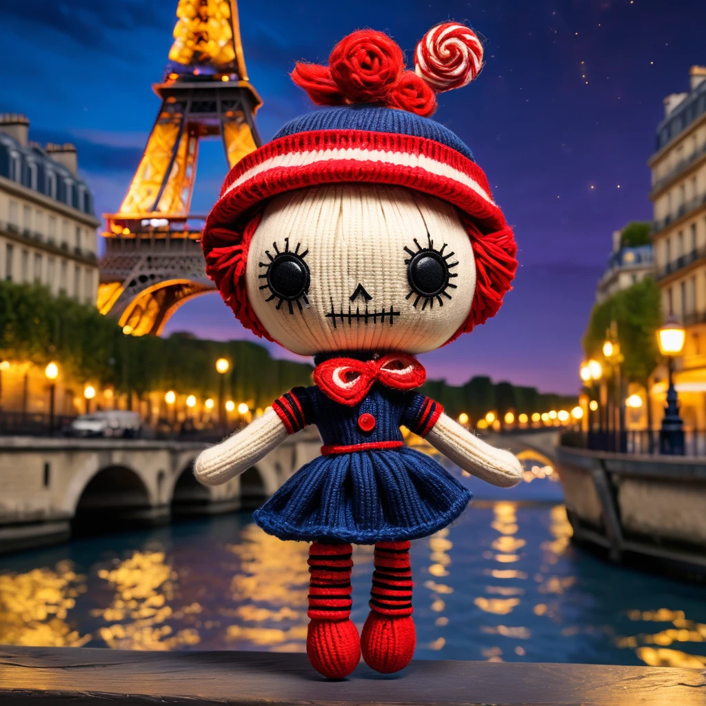 (knitted toy voodoo doll:1.7), (Voodoo Doll:1.3), (Clothing: chic Parisian outfit with striped patterns:1.0), (Accessories: enchanted beret emitting soft golden light, levitating miniature Eiffel Tower:1.1), (background: iconic Eiffel Tower with floating lights, glowing cafes, and sparkling Seine River:1.2), best quality, masterpiece, detailed soft oil painting, detailed background, dramatic cinematic lighting, soft edge lighting, professional, dramatic lighting, hard edge lighting, ultra quality, 4k, masterpiece, best quality, 8k, ultra high definition, high resolution, extremely detailed