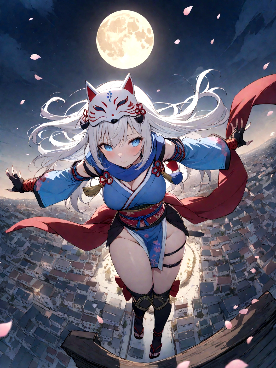 Dynamic Angles、gauntlet、Throwing Shuriken、insert、Asahi、A magnificent view of the city from the treetops、(masterpiece, best quality:1.2), 1girl, 独奏,Wolf girl, fox mask, ninja, girl, long white hair, odd eyes, blue kimono, ninja girl, red and blue scarf,Dancing Cherry Blossoms,Full moon backlighting, light coming in, fantastic atmosphere.night、Shadows of light and darkness、Eyes glowing in the dark、Black fox mask、Fisheye Lens、Expansive starry sky、long hair that spreads、Overlooking the city from atop a large cherry tree、Aside exposure