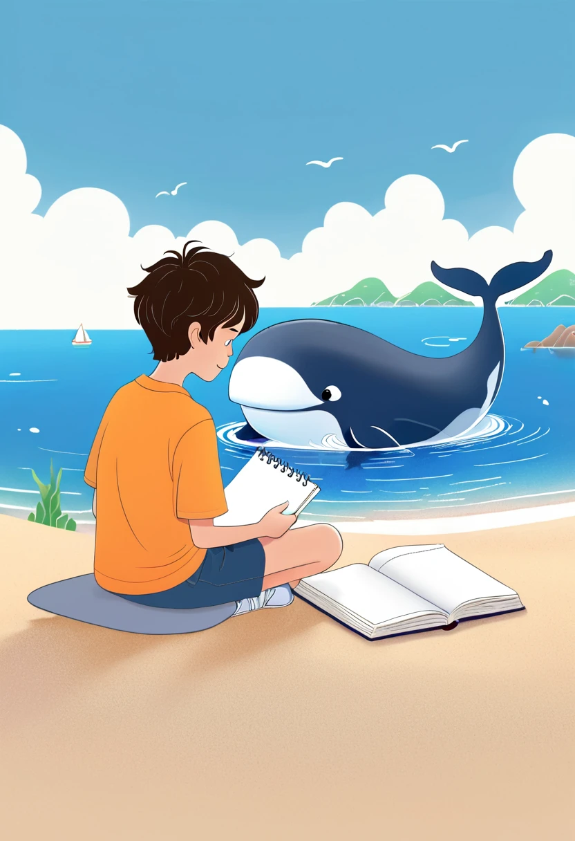 A boy sitting on the beach，Holding a notebook in hand，A cartoon of a whale next to it, 2d illustration, 2d illustration, detailed 2d illustration, Clean and concise illustrations, Website Avatar, simple cartoon style, digital 2d illustration, 2D mask illustration, 2. 5D Illustration, Animation illustration style, john egbert, 2D digital illustration, Simple illustration