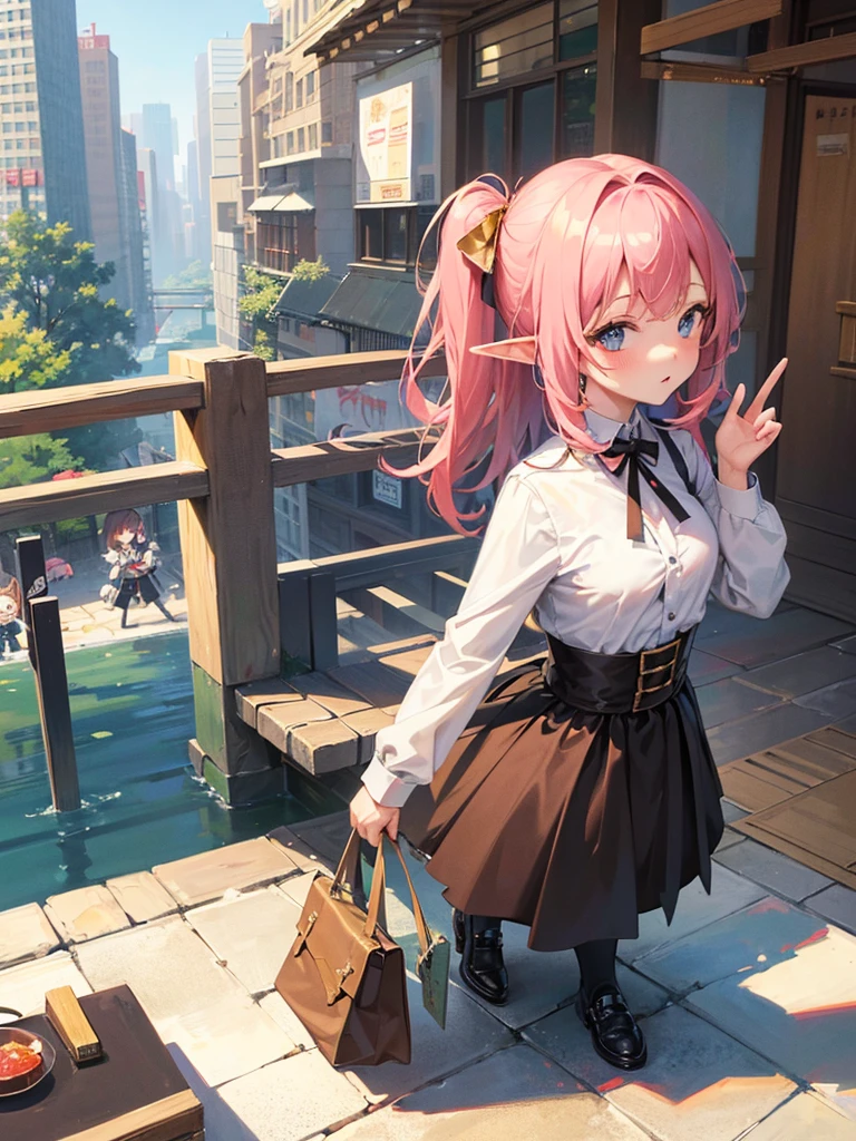 High resolution, 8K Ultra HD, ((One Girl)), ((Chibi-style)), On the paper that the little elf girl was holding, the buildings of Shinjuku were written in pencil in great detail and accuracy. It was depicted on.