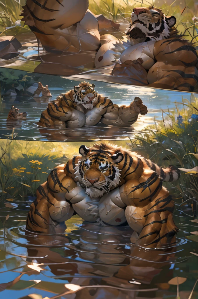 By Taran fiddler, bara, solo, tiger, stumbling back, naked, flaccid penis, wet body, fallen on his back,in a lake, dynamic angle, close up