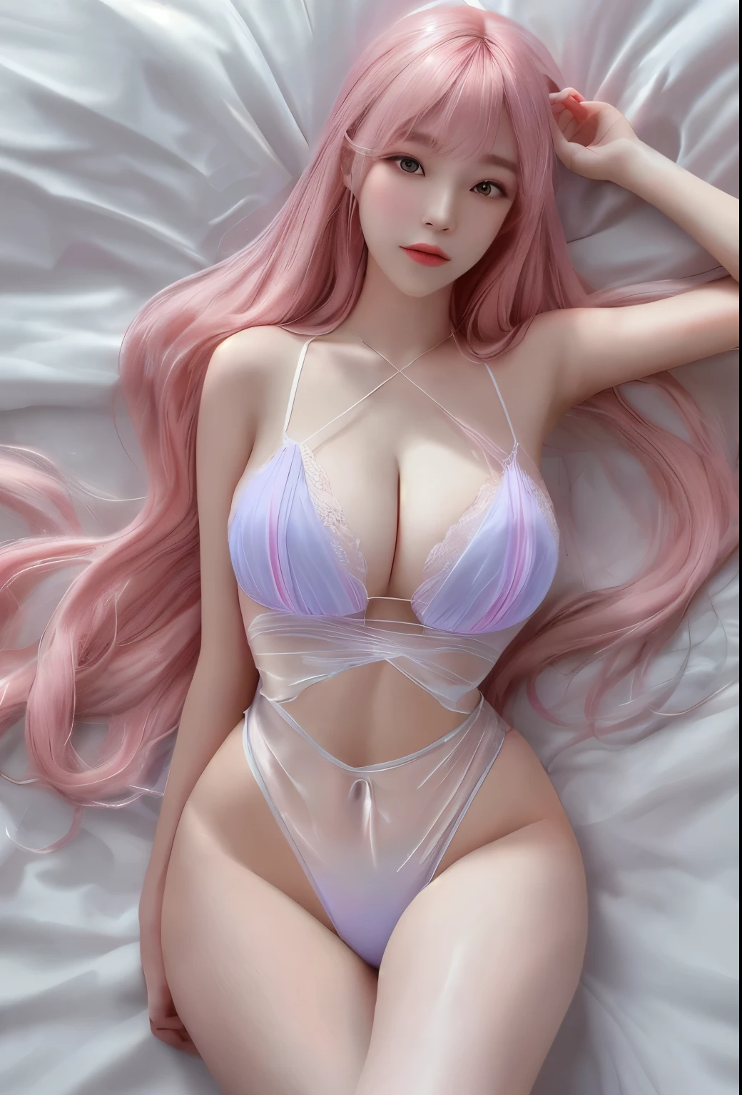 , large breasts, transparent and wet lingerie: 1.5, G-cup: 1.4, student council president, beautiful face, M-shaped legs: 1.3, legs open, thin legs, long hair, bangs recognizable: 1.4, pink hair, legs open: 1.8, a lot of exposure, cleavage visible: 1.1, body oil: 2.1, cloudy liquid gets on the body in large quantities: 1.3, K-pop idol,, Upper body only: 1.1, lying in bed: 1.1